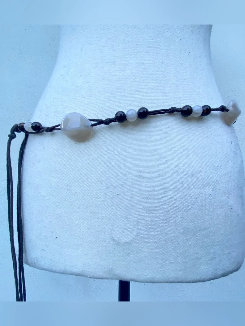 Y2K Cream Stone & Brown Bead Rope Belt One Size